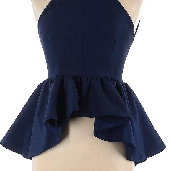 DESIGNER CAMEO NAVY BLUE SLEEVELESS BACKLESS PEPLUM DETAIL HALTER BLOUSE LARGE - Picture 7 of 11